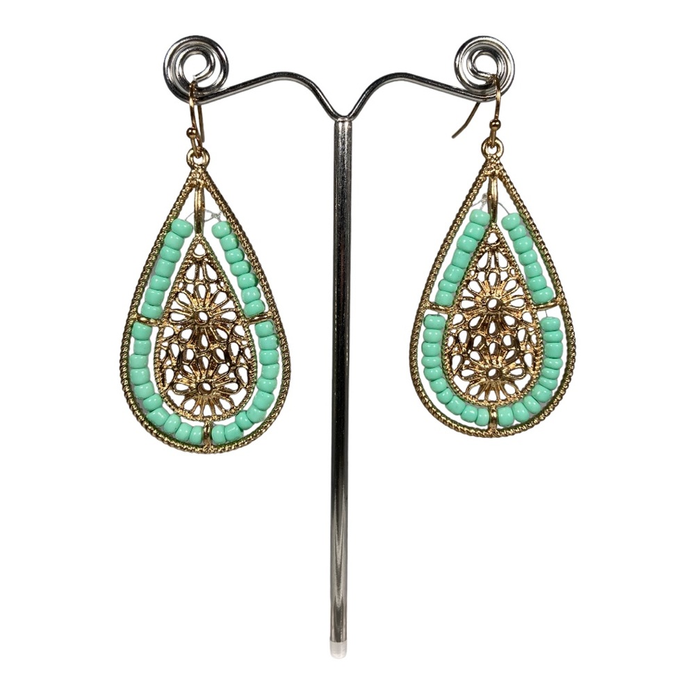 Gold Teardrop Beaded Dangle Earrings